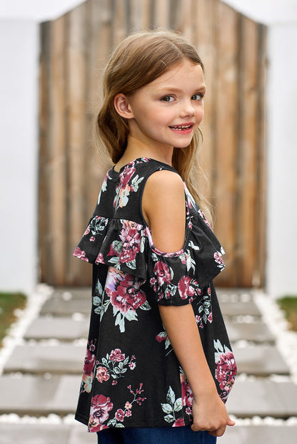 Girls Floral Cold-Shoulder Ruffled Top